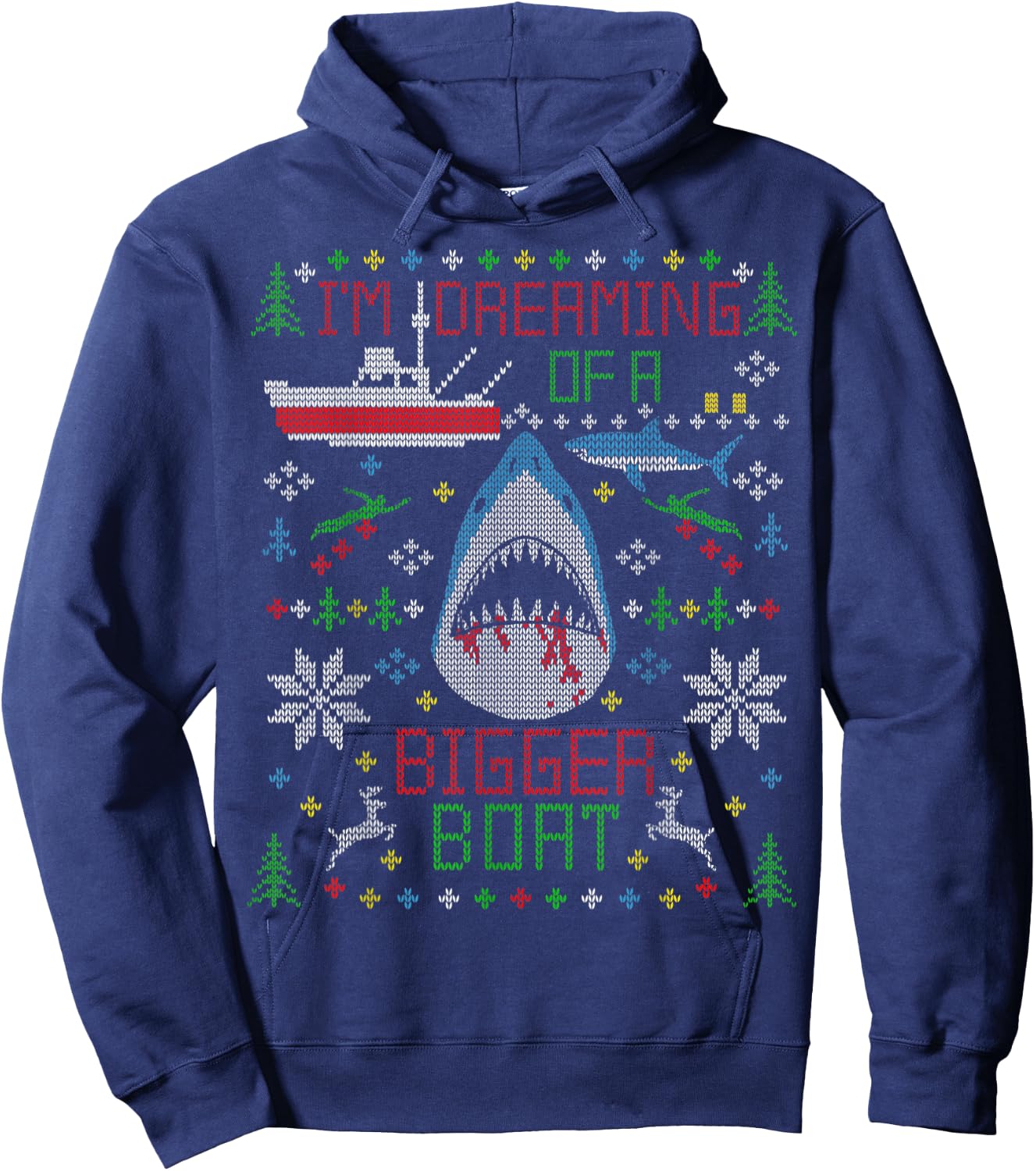 Great White Shark Fishing Ugly Christmas Sweater Party Shirt Hoodie - Hoodie | Navy