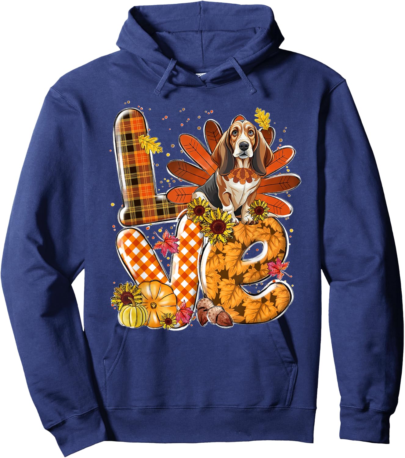 LOVE Thanksgiving Cute Basset Hound turkey Pumpkin Fall Hoodie - Hoodie | Navy