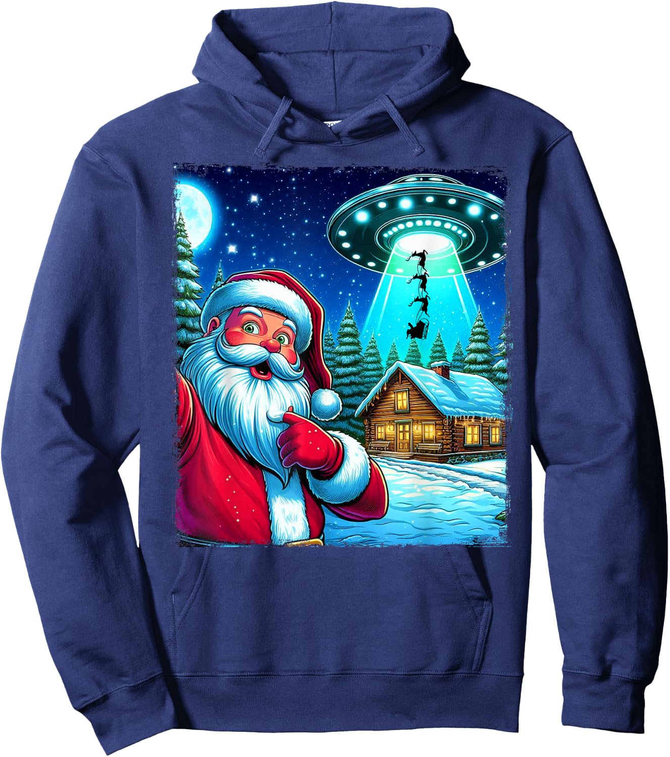 Santa Claus Shocked UFO Alien Reindeer Abduction Selfie Xmas Hoodie - Hoodie | Navy