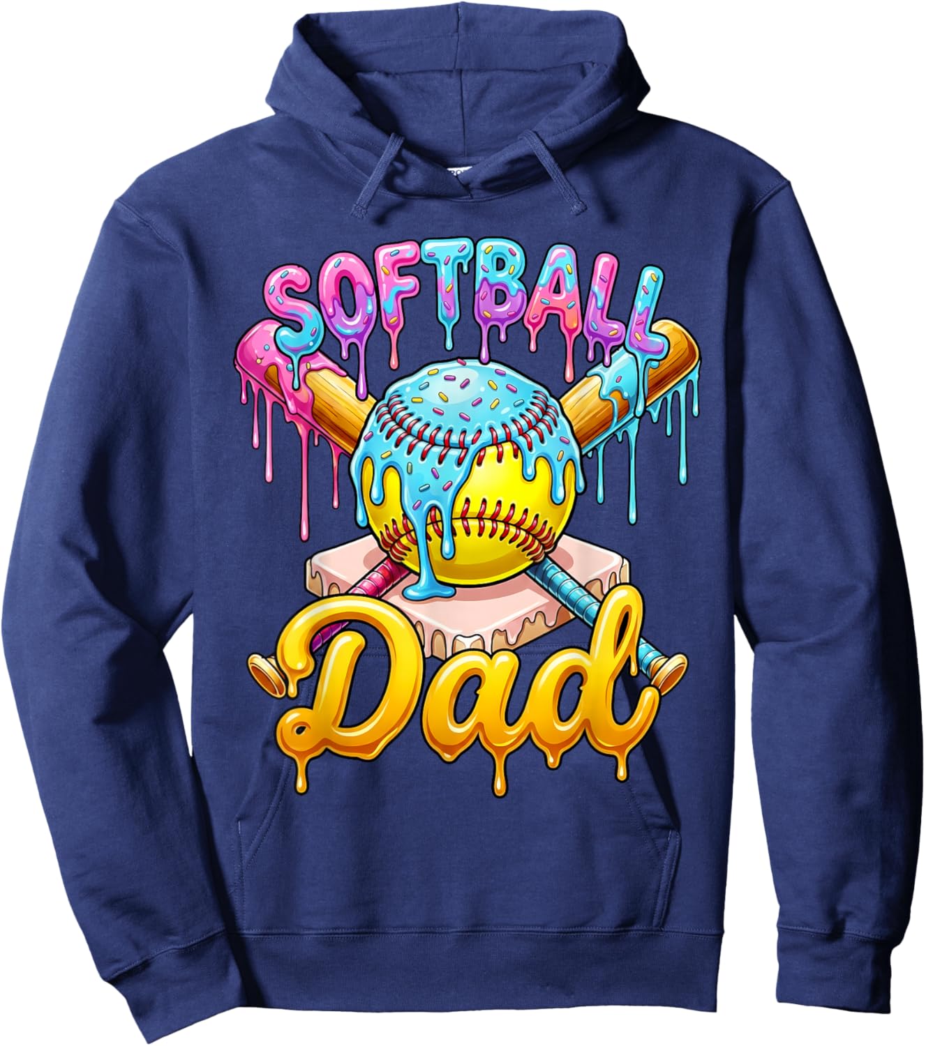 Softball Dad Ice Cream Drip Dripping TBall Fathers Day Men Hoodie - Hoodie | Navy