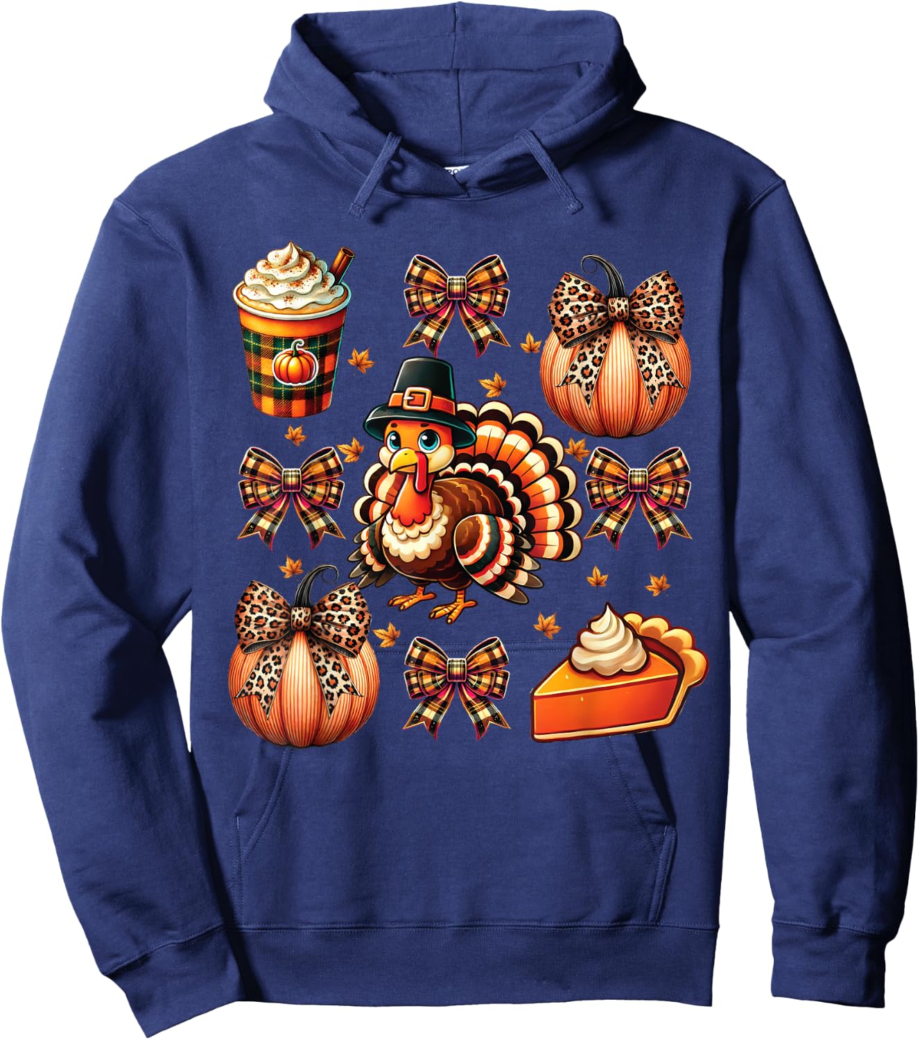 Turkey Drinking Coffee Bow Thanksgiving Turkey Day Hoodie - Hoodie | Navy