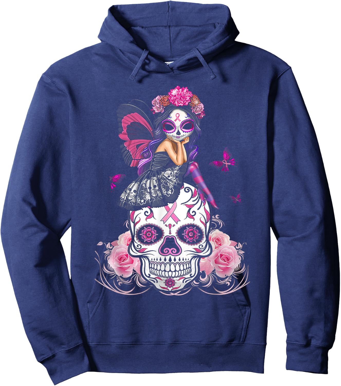 Fairy Sugar Skull Breast Cancer Butterfly Pink Ribbon Woman Hoodie - Hoodie | Navy