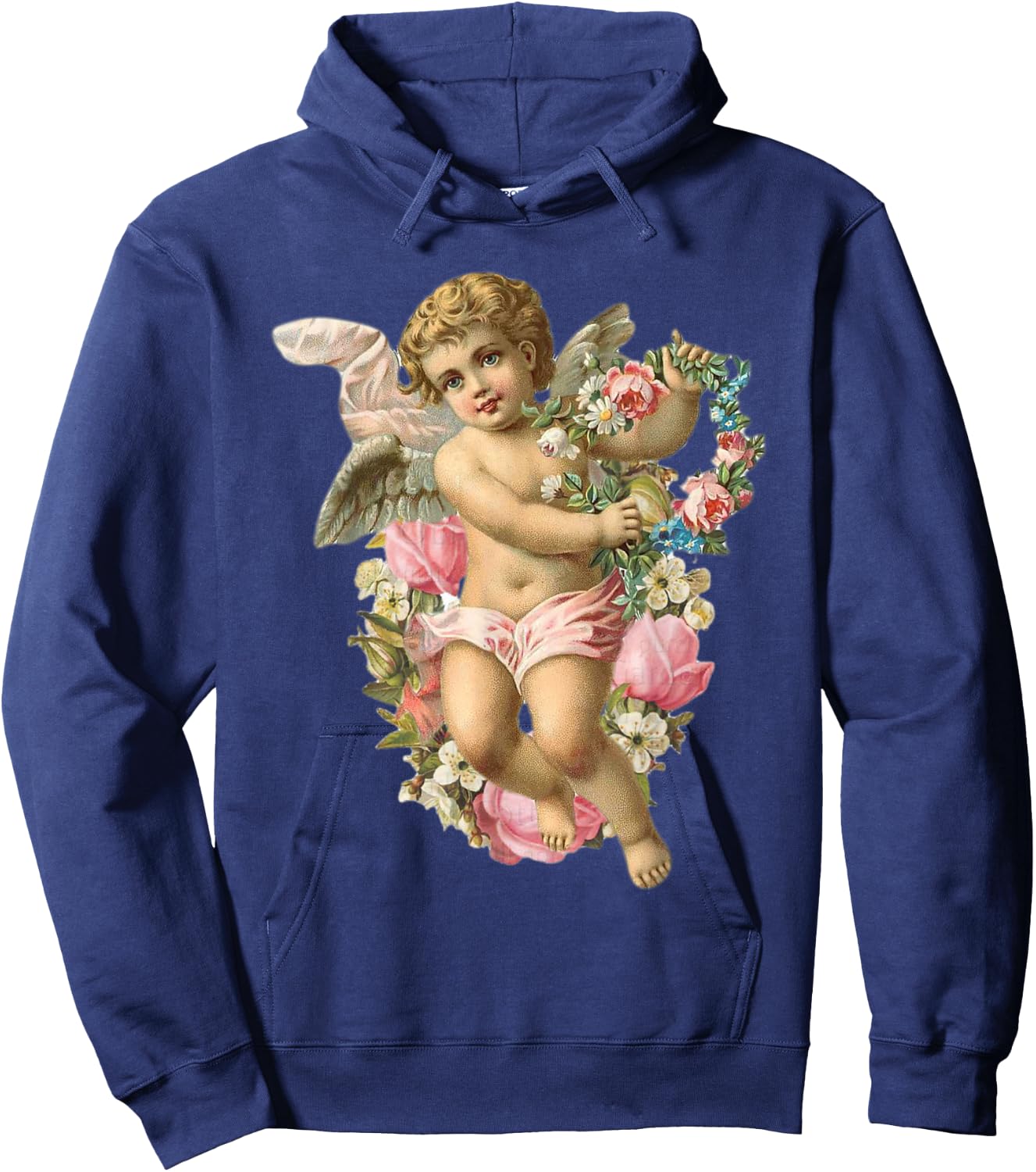 Angelic Vintage Cherub with Daisies & Pink roses Hoodie - Hoodie | Navy