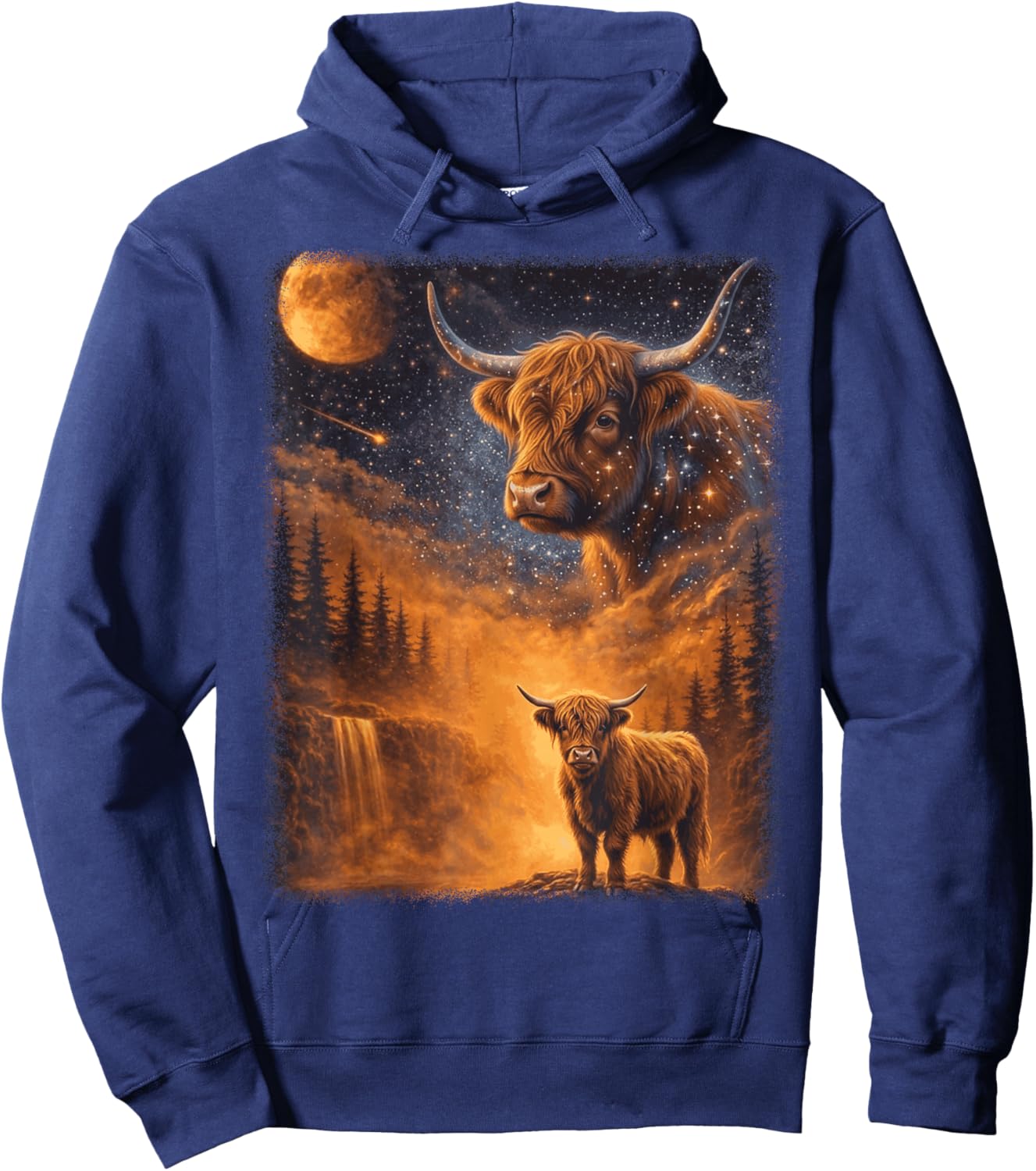 Highland Cow Howling to The Moon Funny Meme 90s Animal Lover Hoodie - Hoodie | Navy