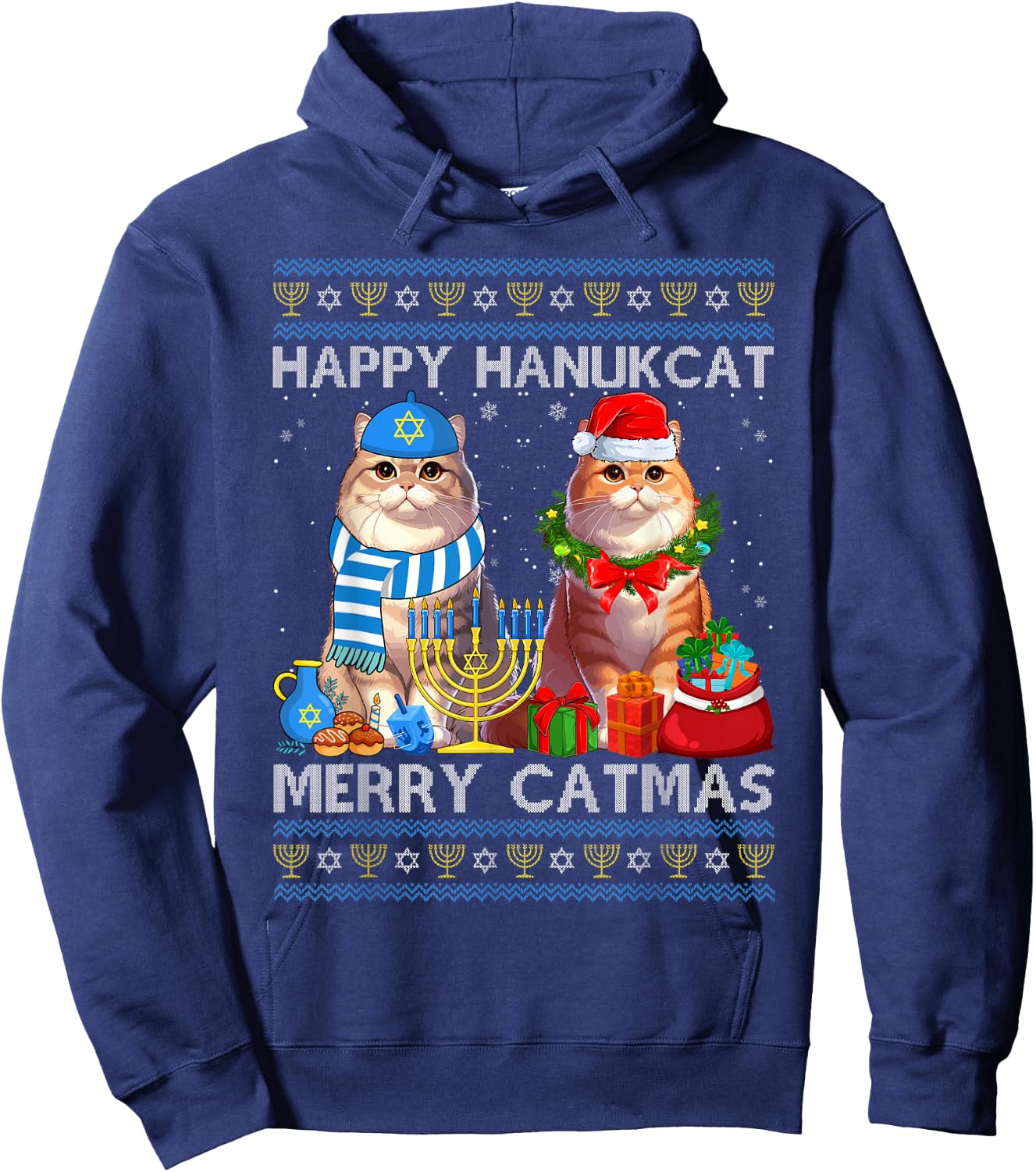 Happy Hanukcat Merry Catmas Ugly Christmas Chanukah Sweater Women Kids Hoodie - Hoodie | Navy