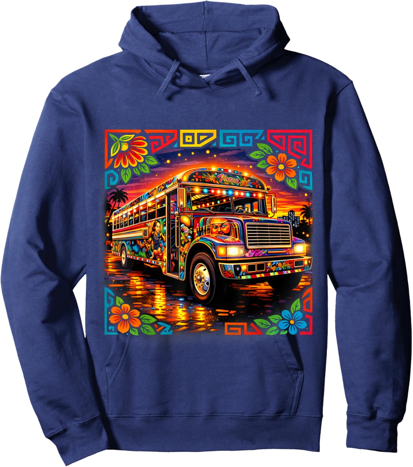 Diablo Rojo Bus Inspired by Mola Art Panama Cultural Design Hoodie - Hoodie | Navy