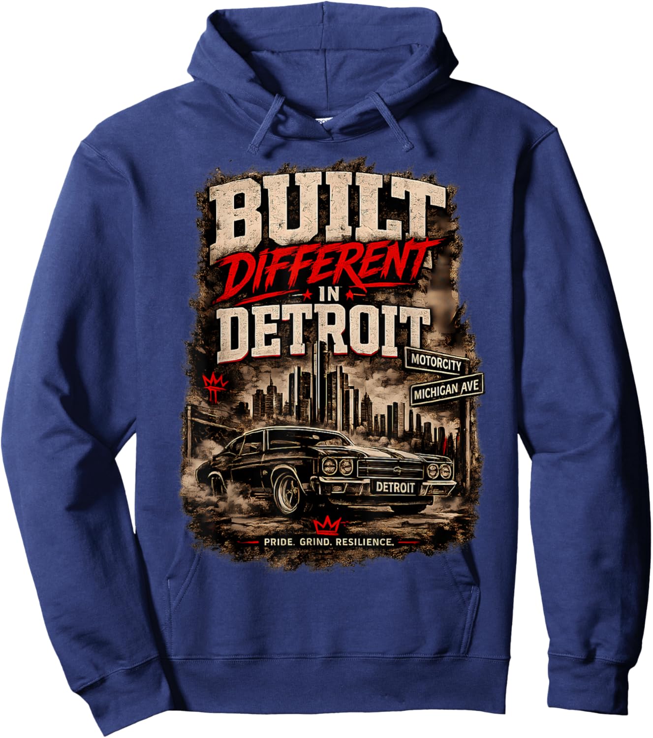 Built Different in Detroit Vintage Muscle Car Hoodie - Hoodie | Navy