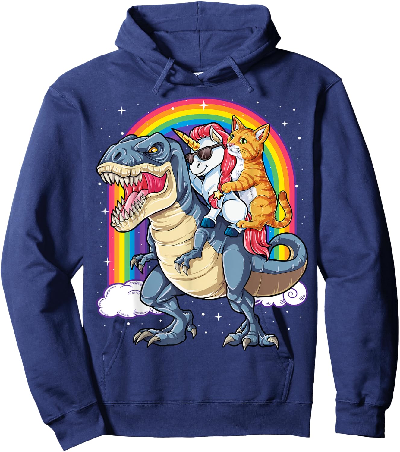 Cat Unicorn Riding Dinosaur T rex Kitten Lover Space Galaxy Women Kids Hoodie - Hoodie | Navy