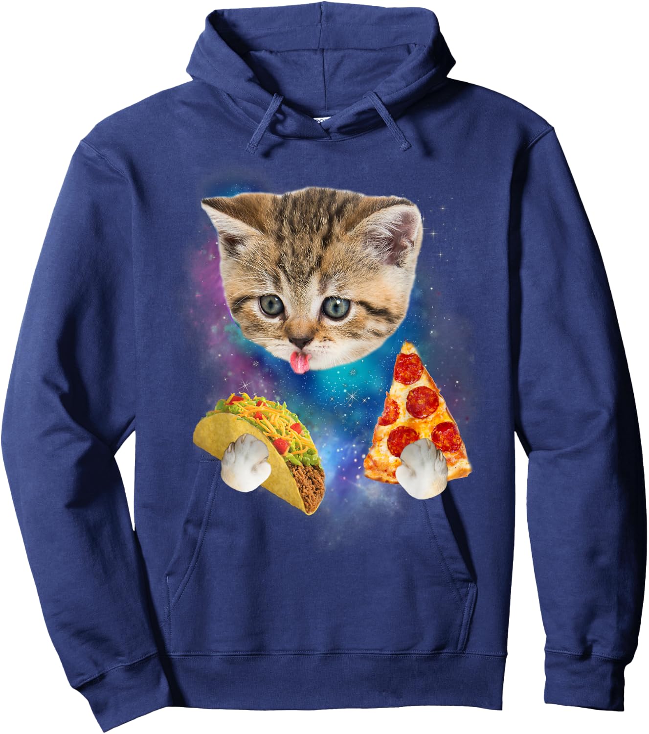 Funny Galaxy Taco Cat | Space Cat Eat Pizza and Taco Hoodie - Hoodie | Navy