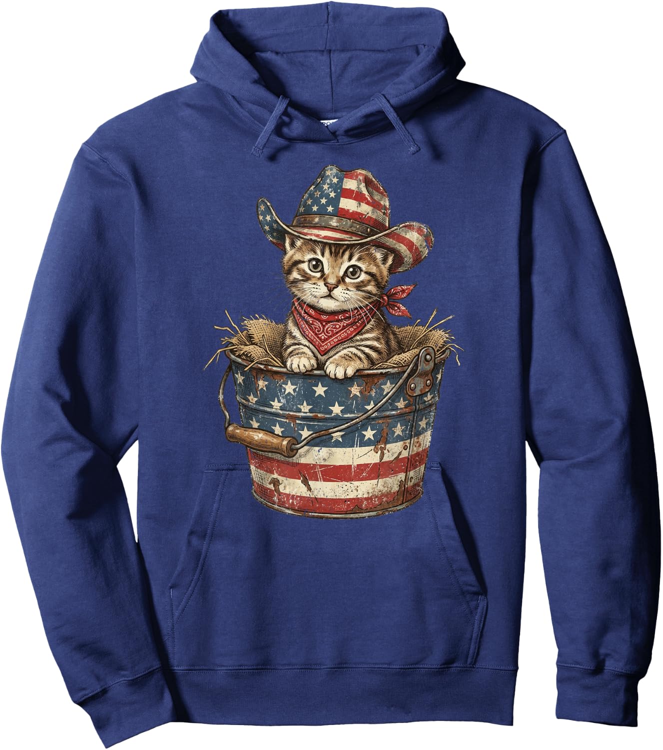 Vintage Cowboy Cat American Flag 4th of July Hoodie - Hoodie | Navy