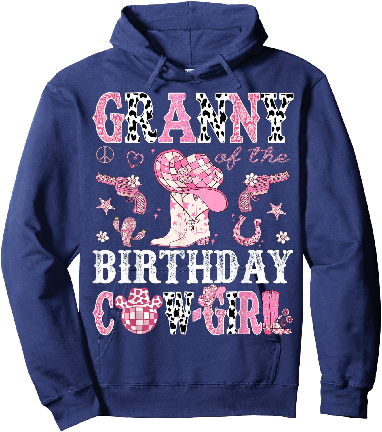 Granny Of The Birthday Cow-Girl Pink Disco Rodeo Western Hoodie - Hoodie | Navy