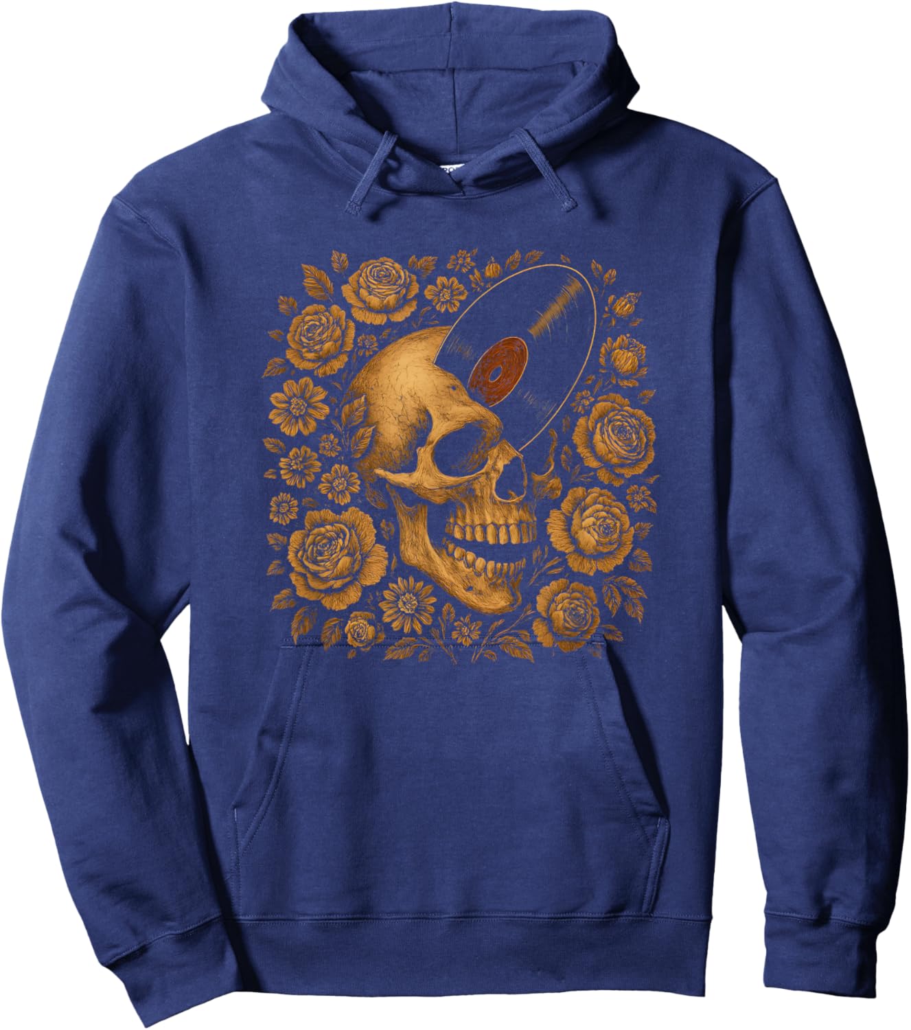Skull with Vinyl Record – Rococo Baroque Floral Gothic Music Hoodie - Hoodie | Navy