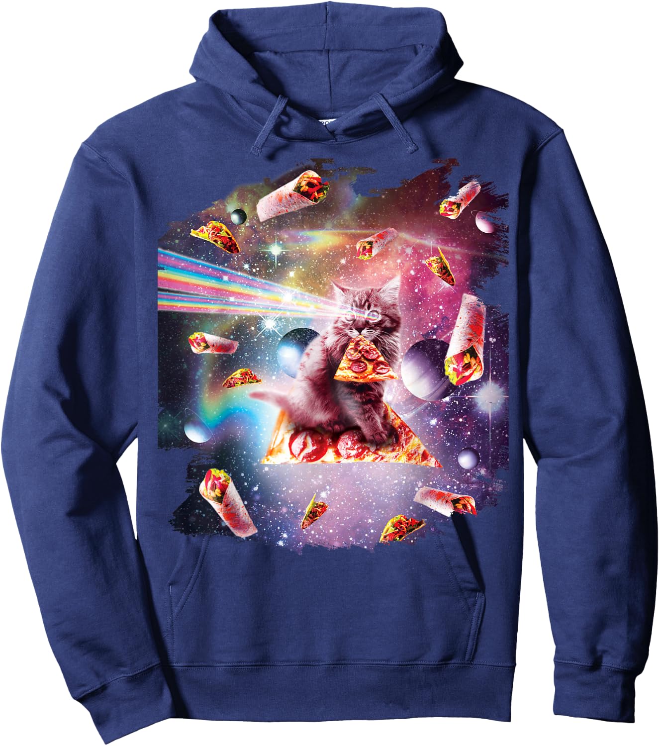 Outer Space Pizza Cat - Rainbow Laser, Taco, Burrito Hoodie - Hoodie | Navy