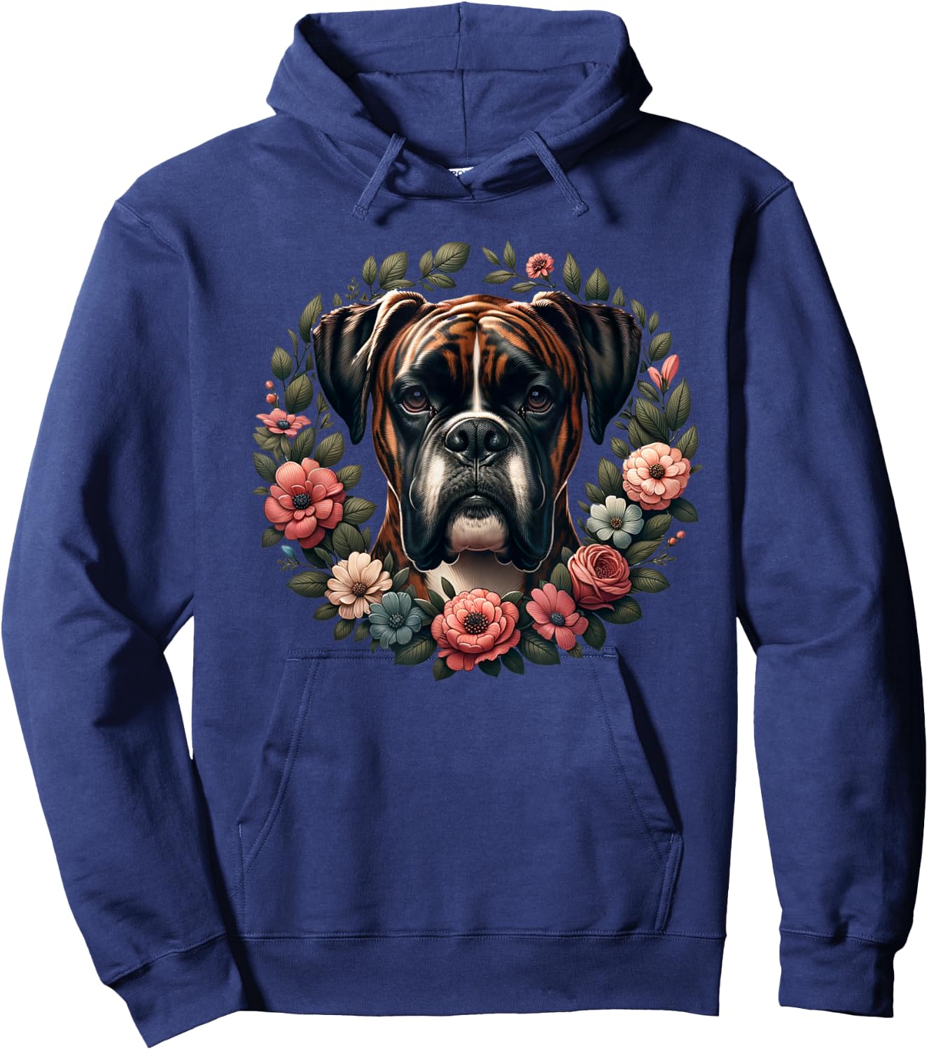 Adults & Kids Retro Floral Wreath Boxer Dog Lover - Black, Small, Short Sleeve Hoodie - Hoodie | Navy