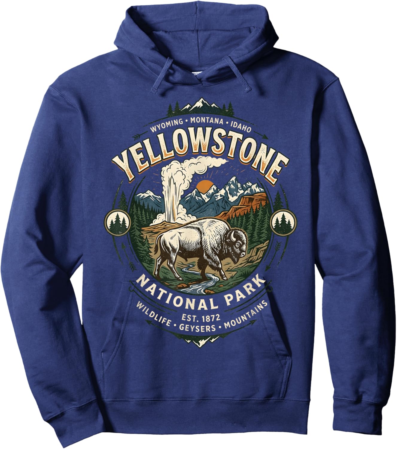 Yellowstone National Park Vintage Bison and Geyser Emblem Hoodie - Hoodie | Navy