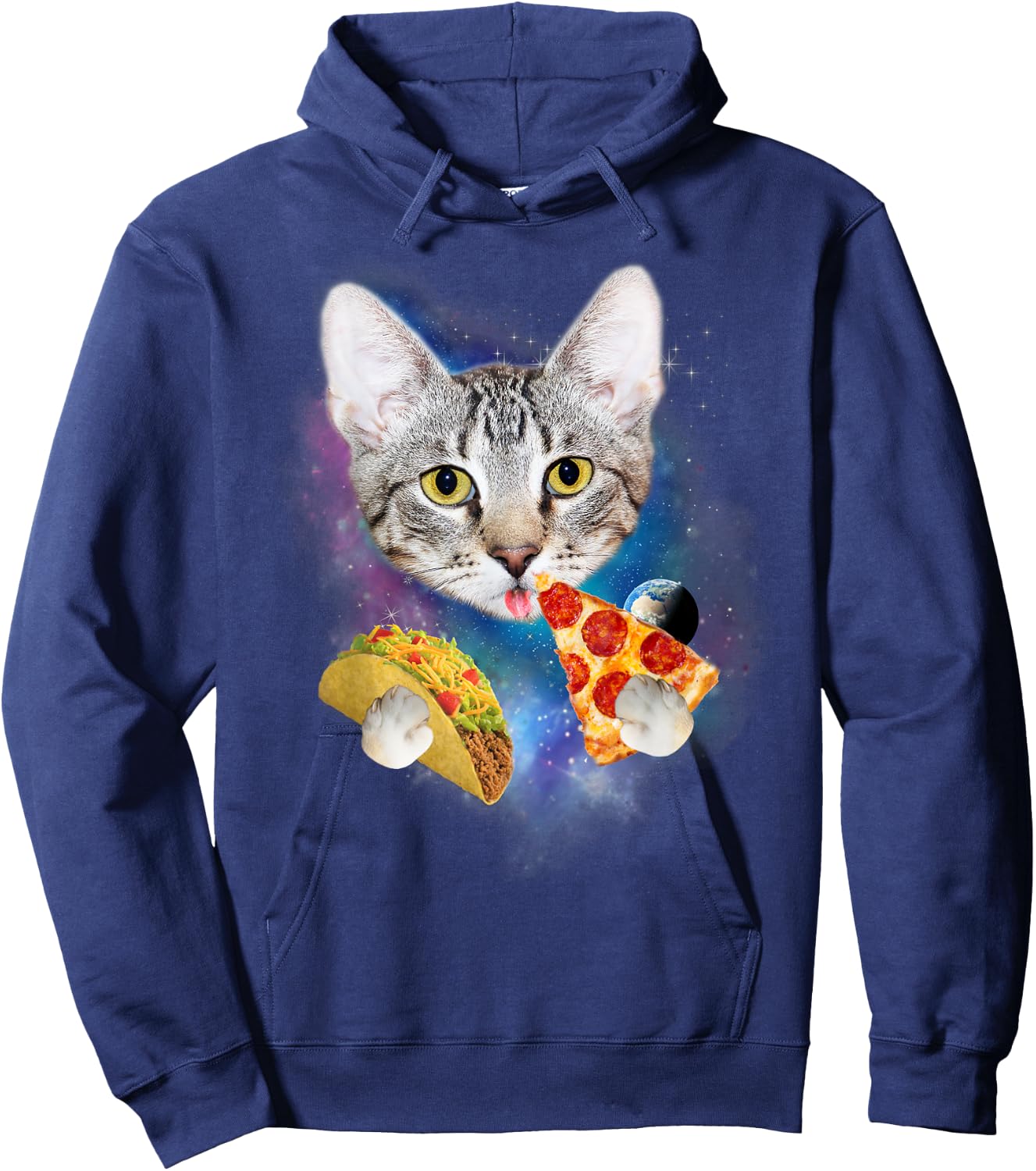 Funny Galaxy Cat Shirt | Space Cat Eat Pizza and Taco Shirt Men Women Kids Hoodie - Hoodie | Navy