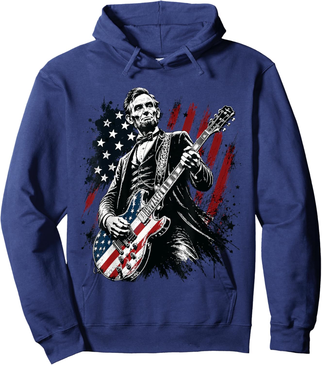 Abraham Lincoln Playing Electric Guitar Rocker USA Flag Hoodie - Hoodie | Navy