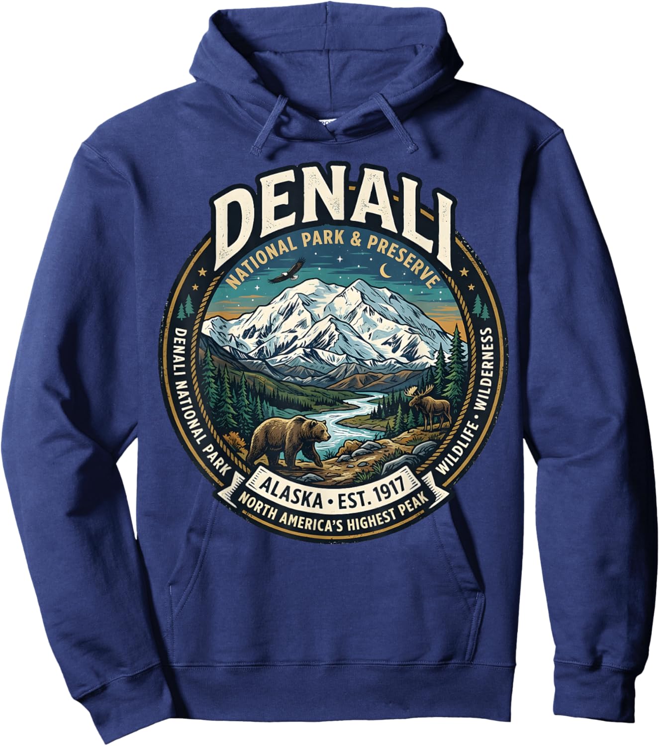 Denali National Park Alaska Mountain Wildlife Vintage Badge Hoodie - Hoodie | Navy