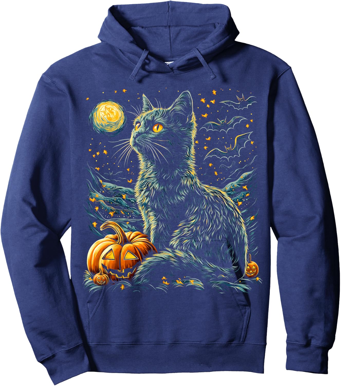 Halloween Van Gogh Starry Night Black Cat Pumpkins Bats Hoodie - Hoodie | Navy