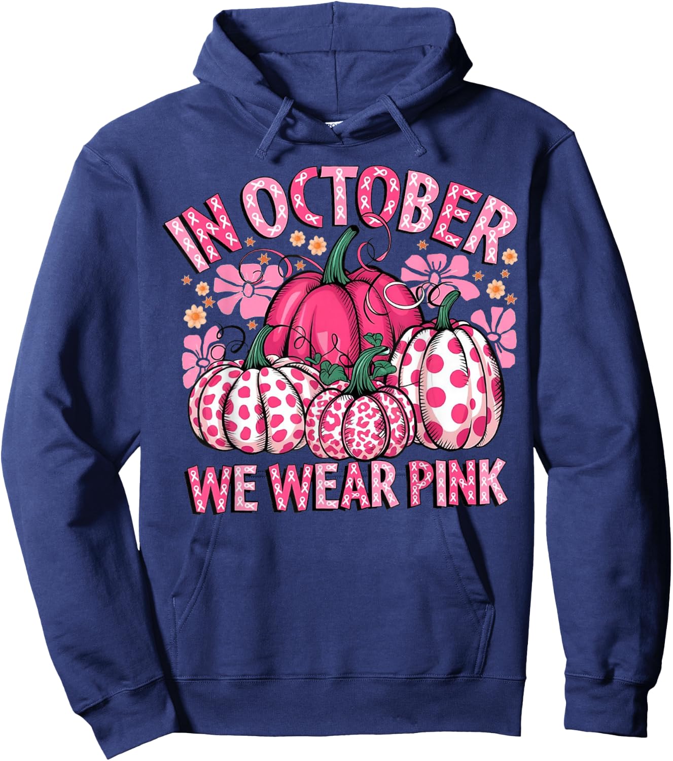 In October We Wear Pink Pumpkin Breast Cancer Halloween Hoodie - Hoodie | Navy