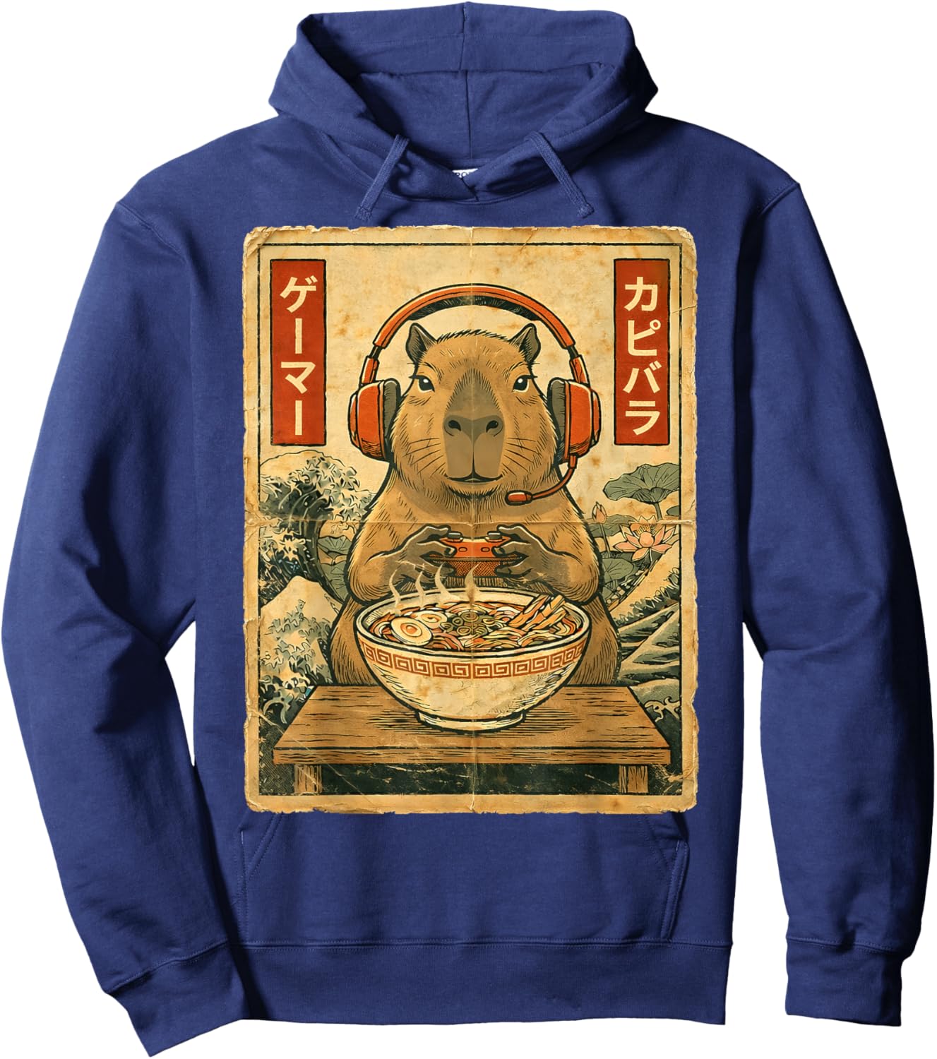 Cute Kawaii Gamer Capybara Funny Ramen Retro Japanese Gaming Hoodie - Hoodie | Navy
