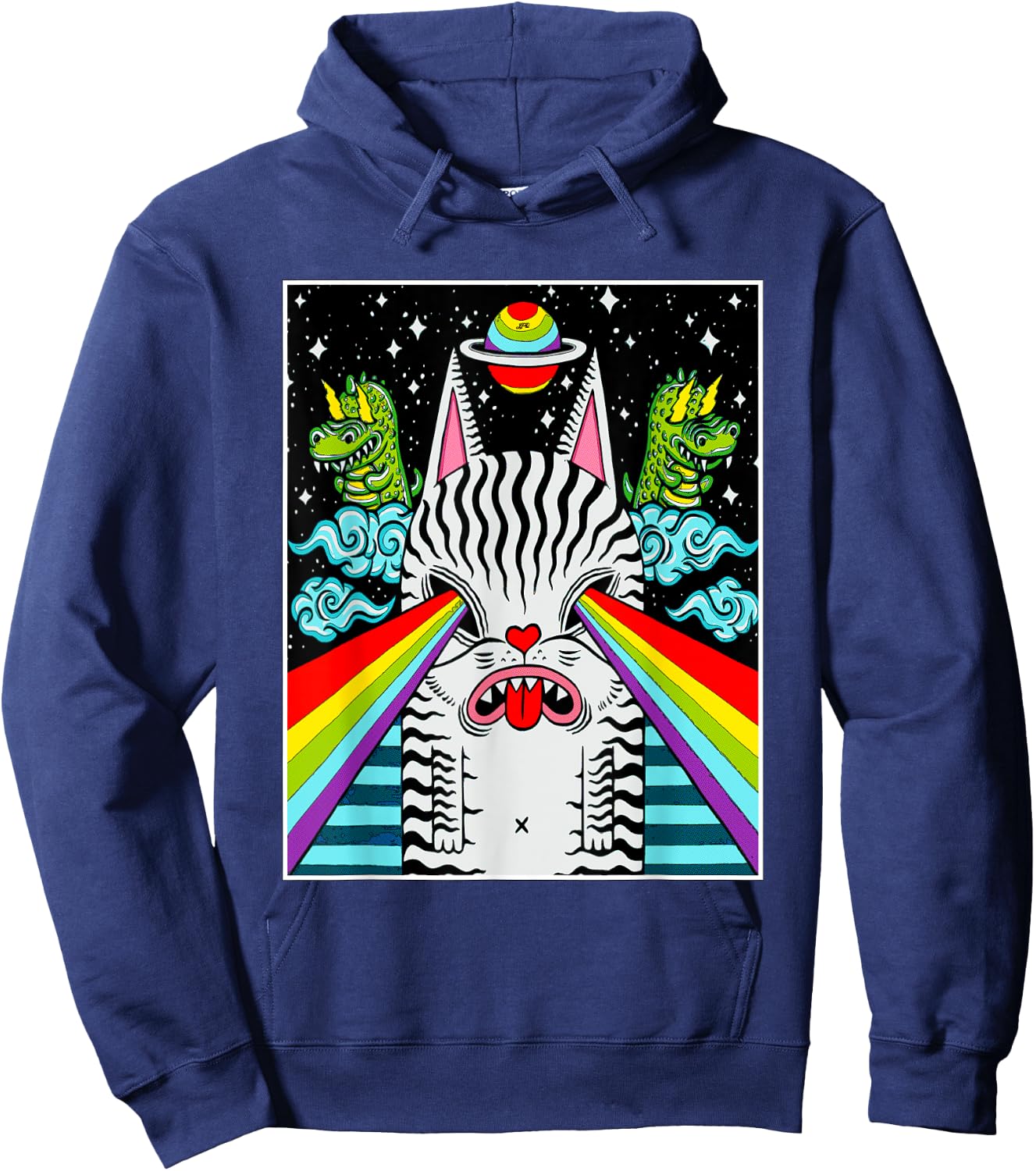 Trippy Psychedelic Rainbow Space Cat Dinosaur Pop Art Shirt Hoodie - Hoodie | Navy