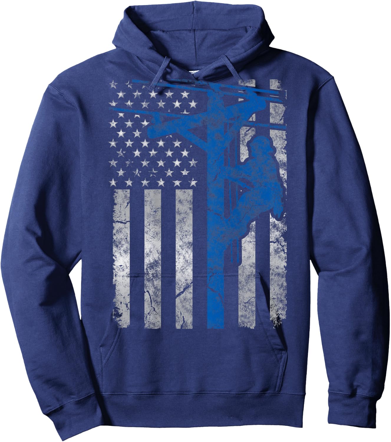 Distressed Patriotic Thin Blue Line Lineman American Flag Hoodie - Hoodie | Navy