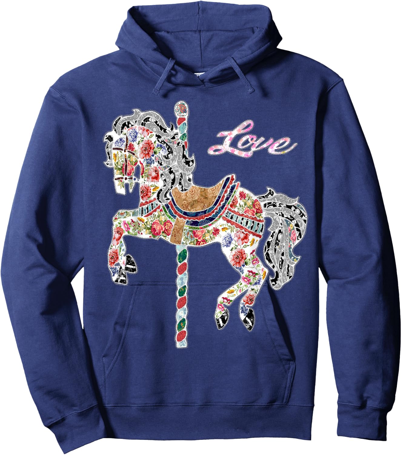 Carousel horse vintage illustration quilting style shirt. Hoodie - Hoodie | Navy
