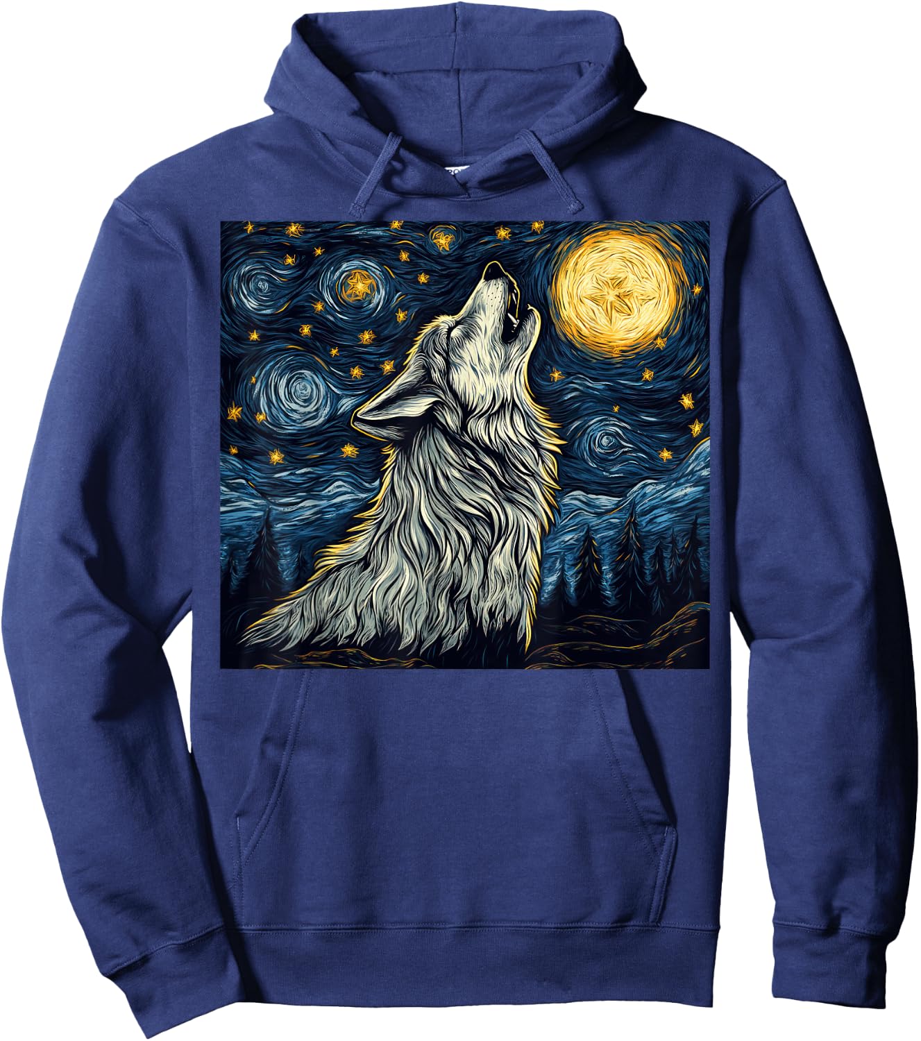 Wolf Starry Night Howling Moon Funny Van Gogh Graphic Hoodie - Hoodie | Navy