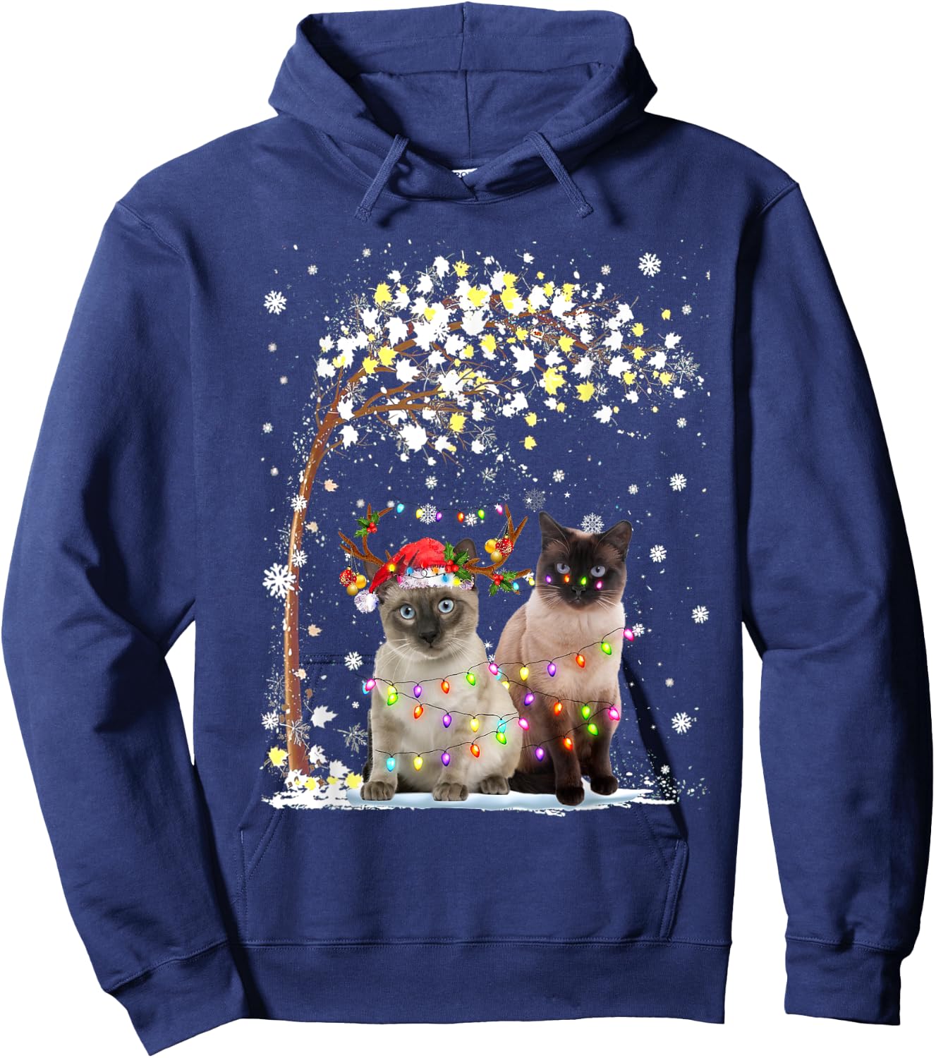 Siamese Cat Reindeer Hat Santa Christmas Tree Funny Xmas Men Women Hoodie - Hoodie | Navy
