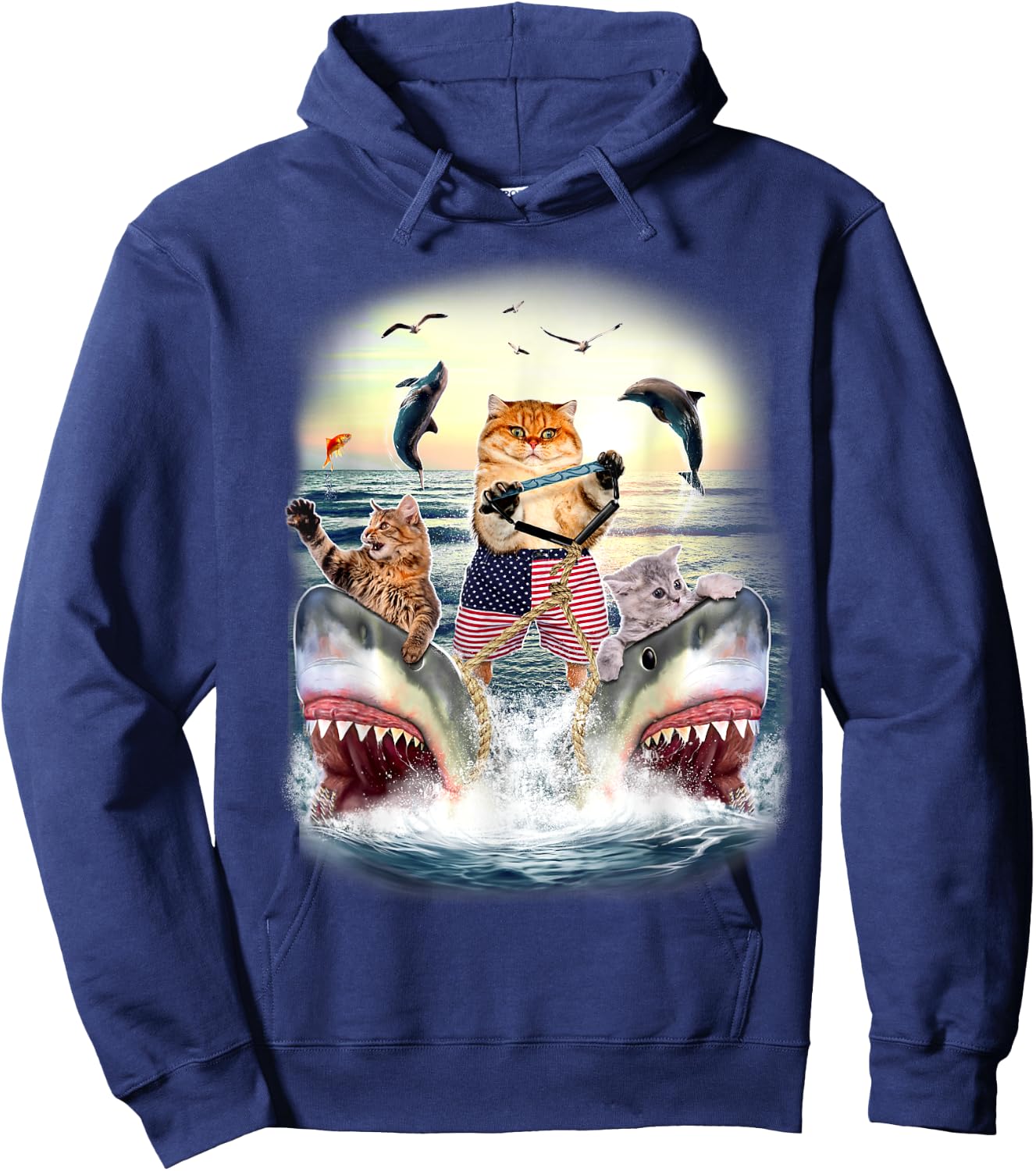 Cat Waterski With Sharks Sunset Hoodie - Hoodie | Navy