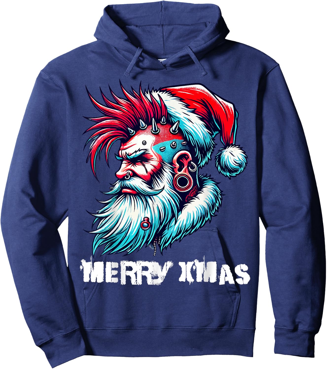 Merry X-Mas Punk Rock Santa Claus Christmas Holiday Hoodie - Hoodie | Navy