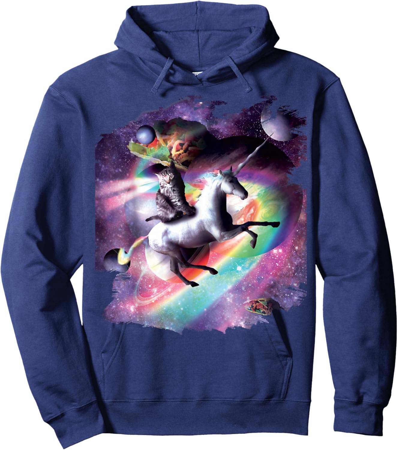 Space Cat Riding Unicorn - Laser, Tacos and Rainbow Hoodie - Hoodie | Navy