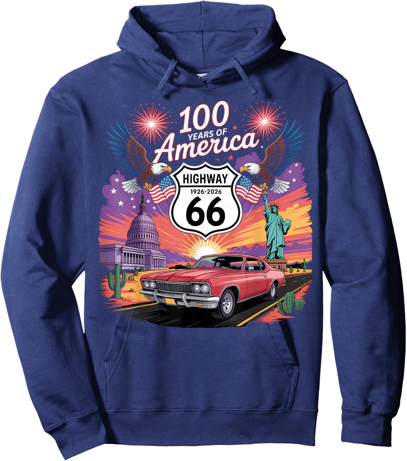 Highway 66 Centennial Car Anniversary 100 Years 1926-2026 Hoodie - Hoodie | Navy