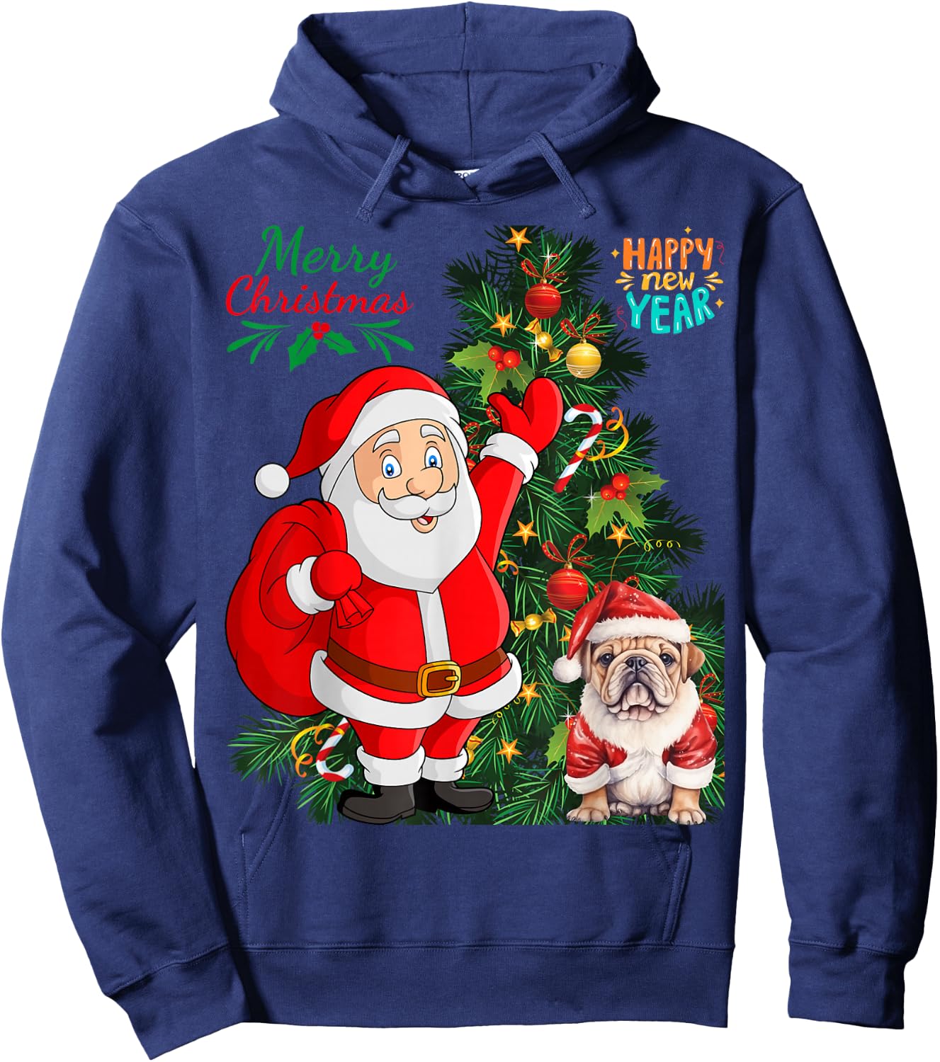 Merry Christmas Happy New Year Santa Claus English Bulldog Hoodie - Hoodie | Navy