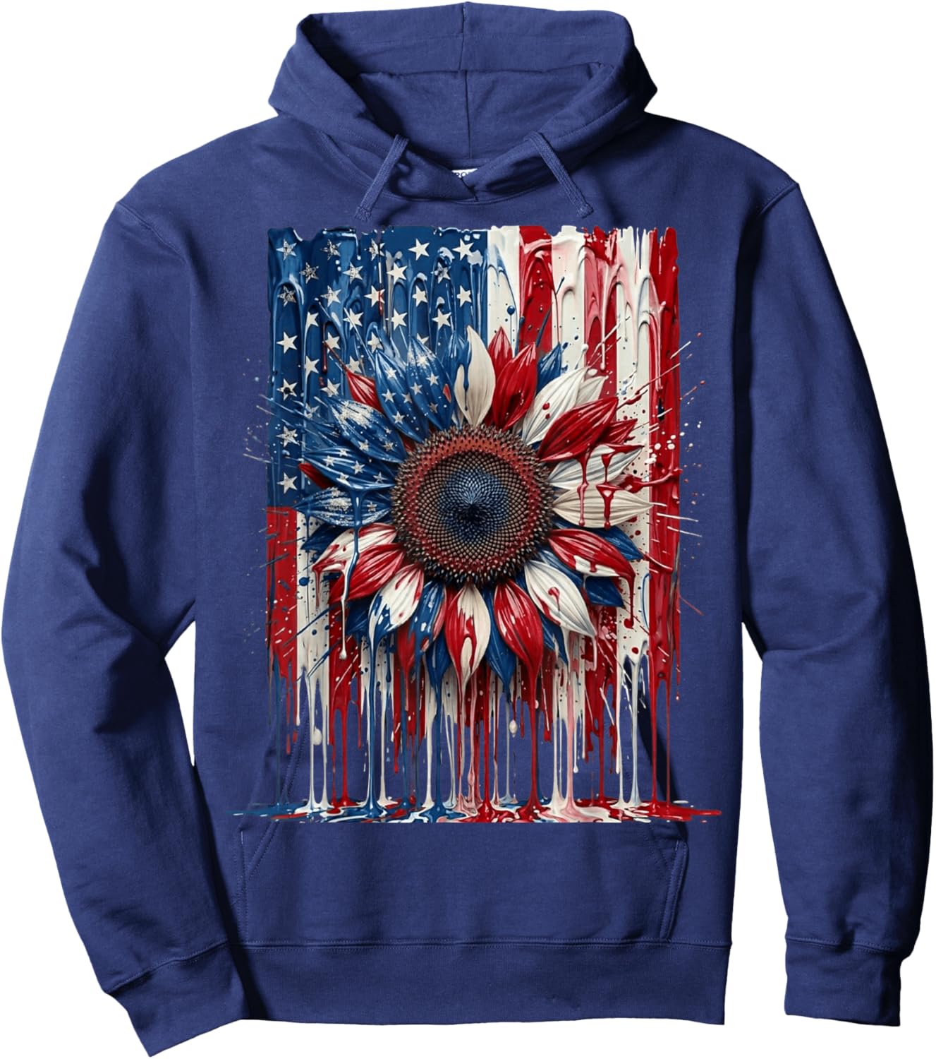 Drip Patrioctic Sunflower American Flag 4th of July Hoodie - Hoodie | Navy