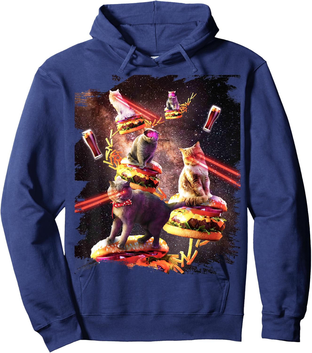 Galaxy Laser Cat On Burger - Space Cheeseburger Cats Hoodie - Hoodie | Navy