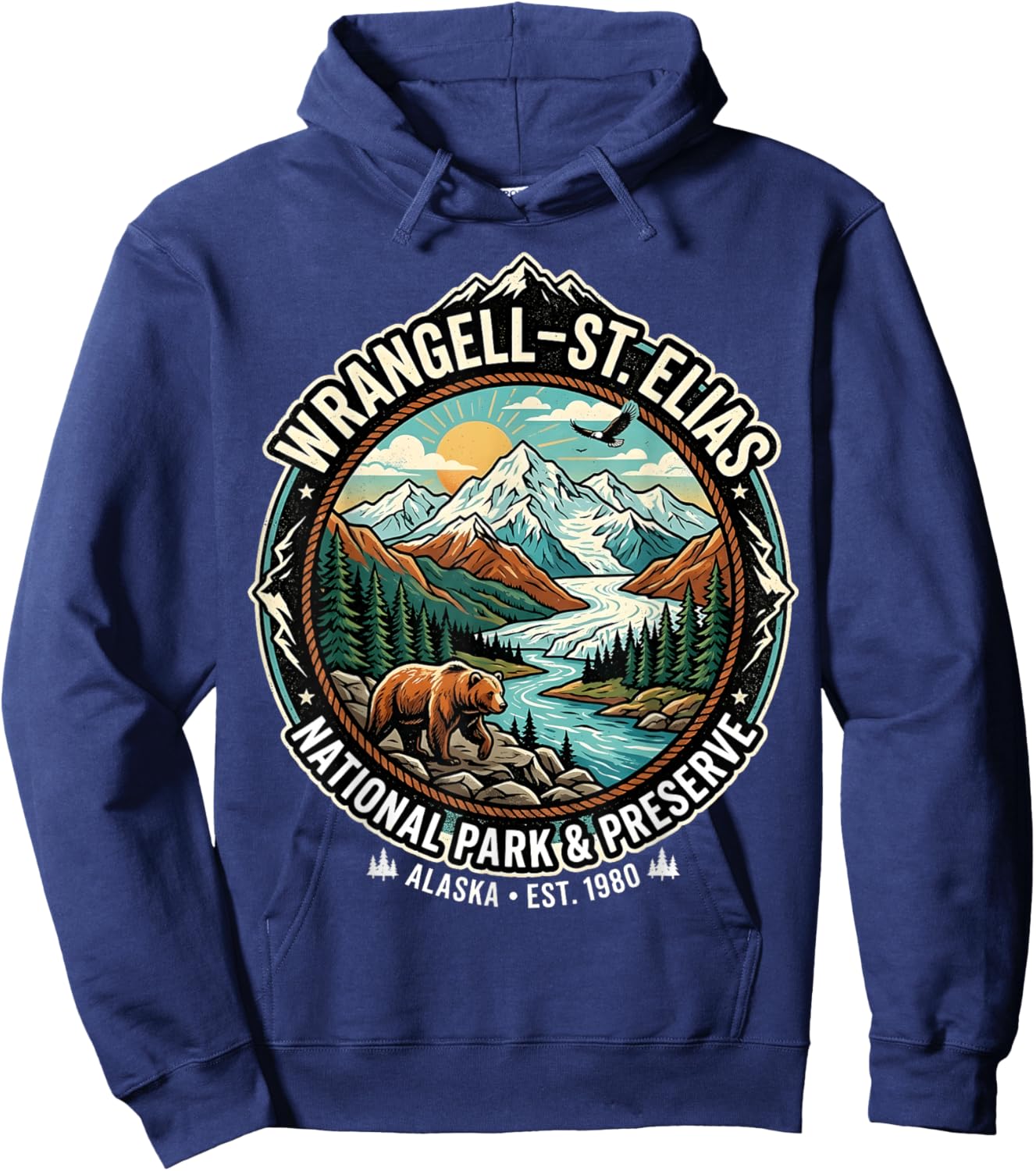 Wrangell-St Elias National Park Alaska Retro Grizzly Emblem Hoodie - Hoodie | Navy