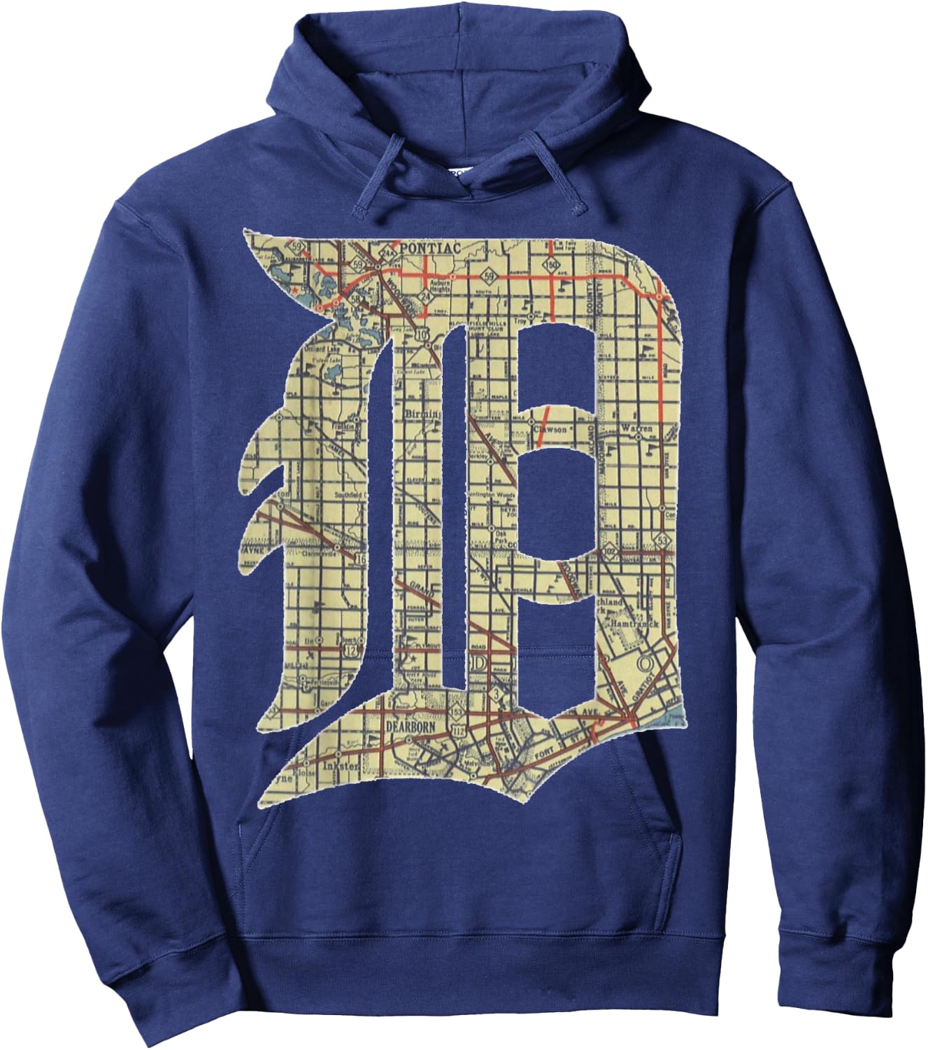 Detroit City Map Old English D Hoodie - Hoodie | Navy