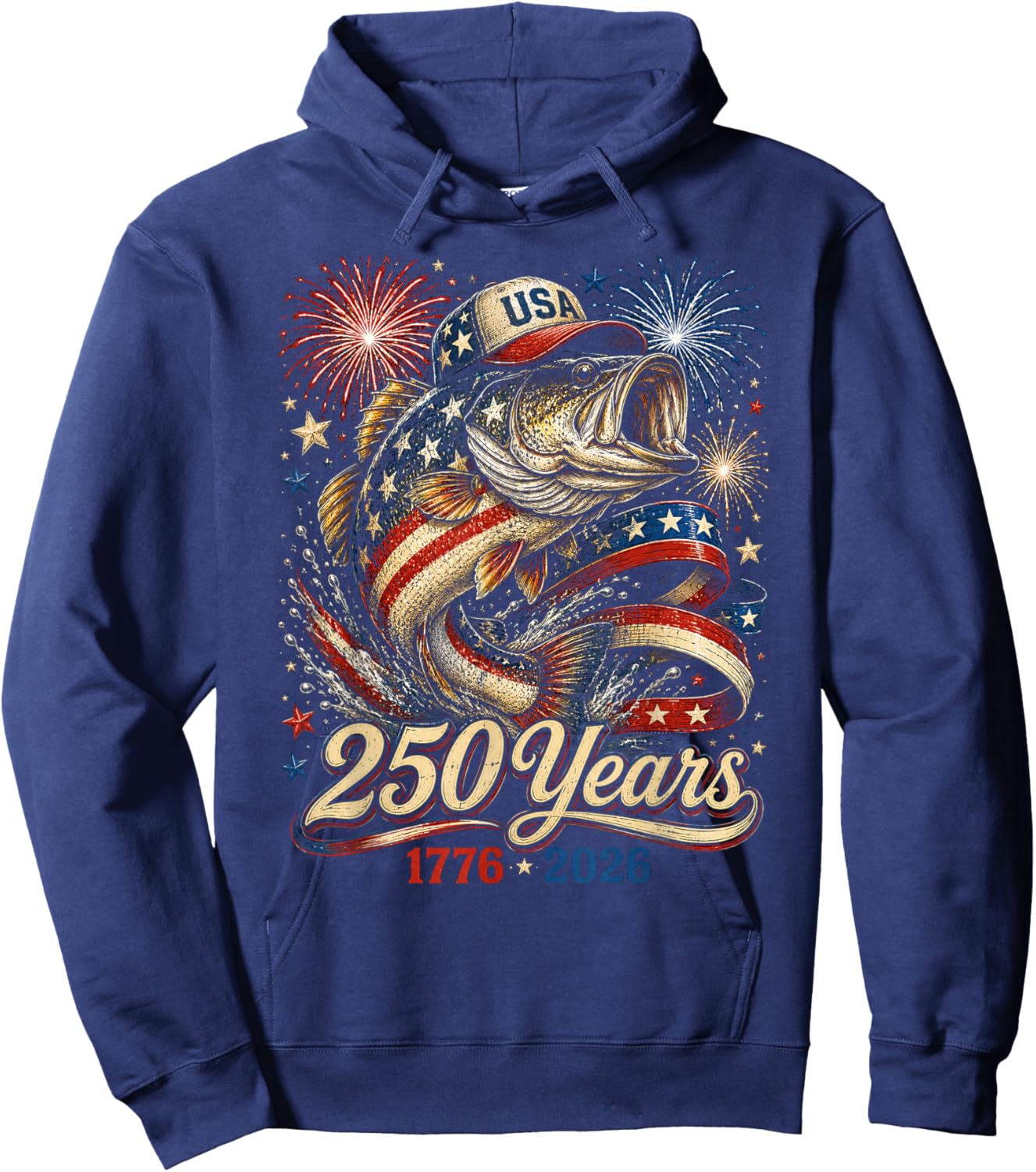 250 America 1776 2026 Bass Fishing USA Flag 250th Birthday Hoodie - Hoodie | Navy
