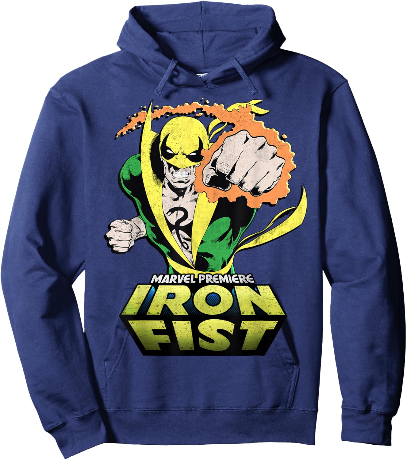 Marvel Comics Retro Classic Iron Fist Flaming Punch Hoodie - Hoodie | Navy