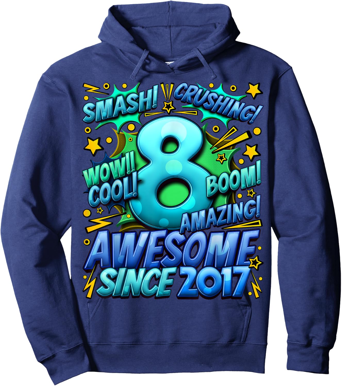 New Comic Style Birthday Gifts 2025 For Boys 8th Birthday Boy -Kids Black Small Cotton 70%, Polyester 30% Short Sleeve Hoodie - Hoodie | Navy