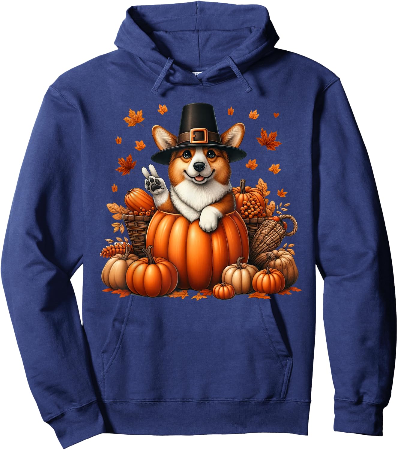 Autumn Pumpkin Fall Corgi Thanksgiving Kids Hoodie - Hoodie | Navy