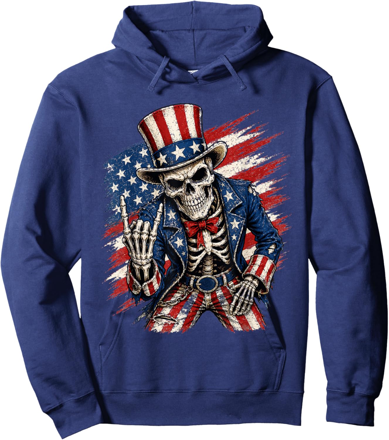 Patriotic Skeleton 4th of July Rock Hand USA American Flag Hoodie - Hoodie | Navy