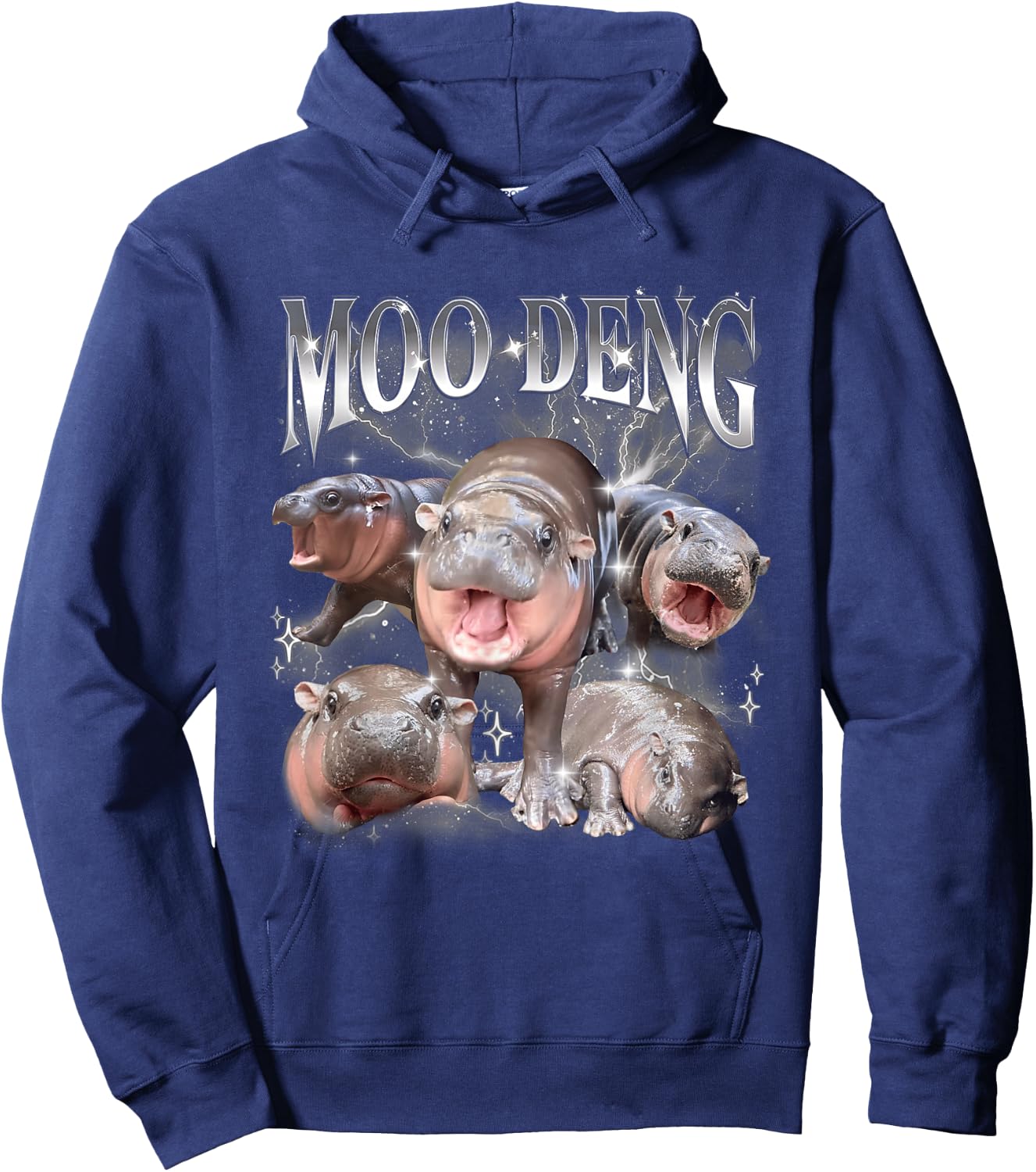 Funny Vintage Moo-deng the Famous Baby Pigmy Hippo Moodeng Hoodie - Hoodie | Navy