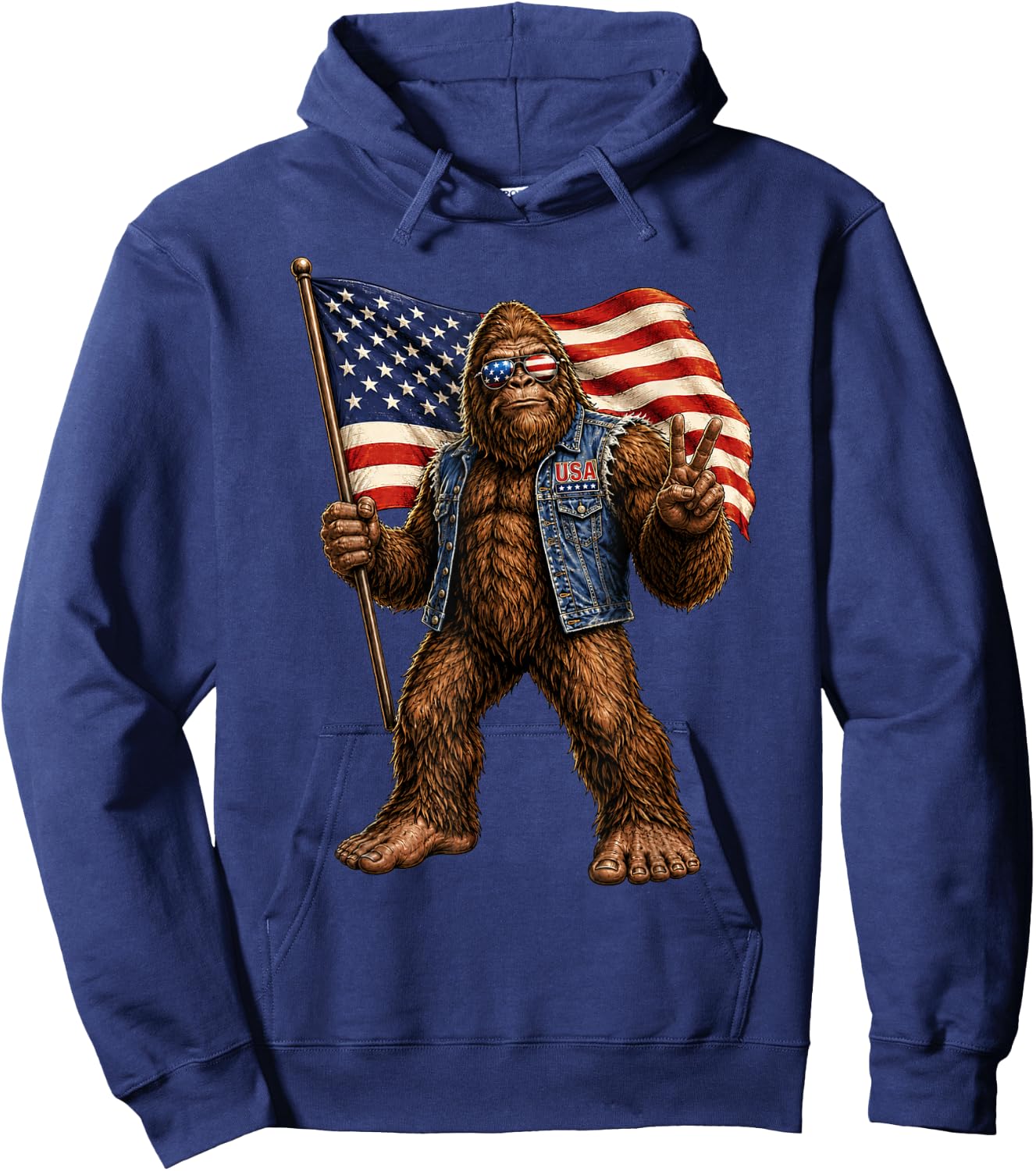 Bigfoot American Flag Sasquatch USA Patriotic Peace Sign Hoodie - Hoodie | Navy