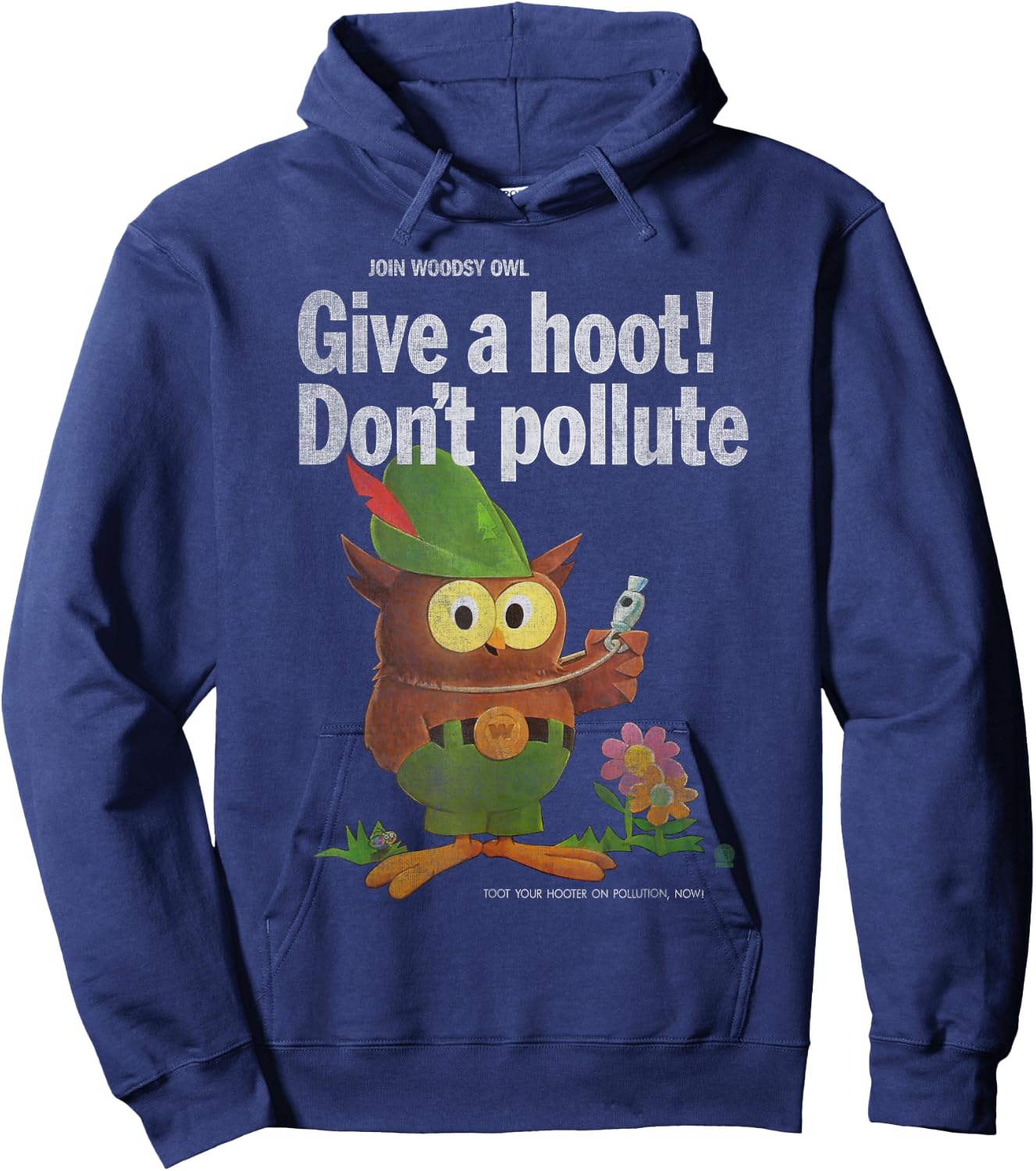 Vintage Shirts by Sven & Angus Woodsy Owl Give a Hoot 70s Distressed and Faded Black Adult Men's Classic Fit Short Sleeve Hoodie - Hoodie | Navy