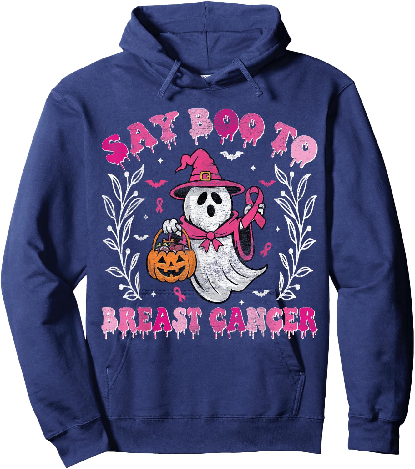 Say Boo to Breast Cancer Halloween Ghost Witch Breast Cancer Hoodie - Hoodie | Navy