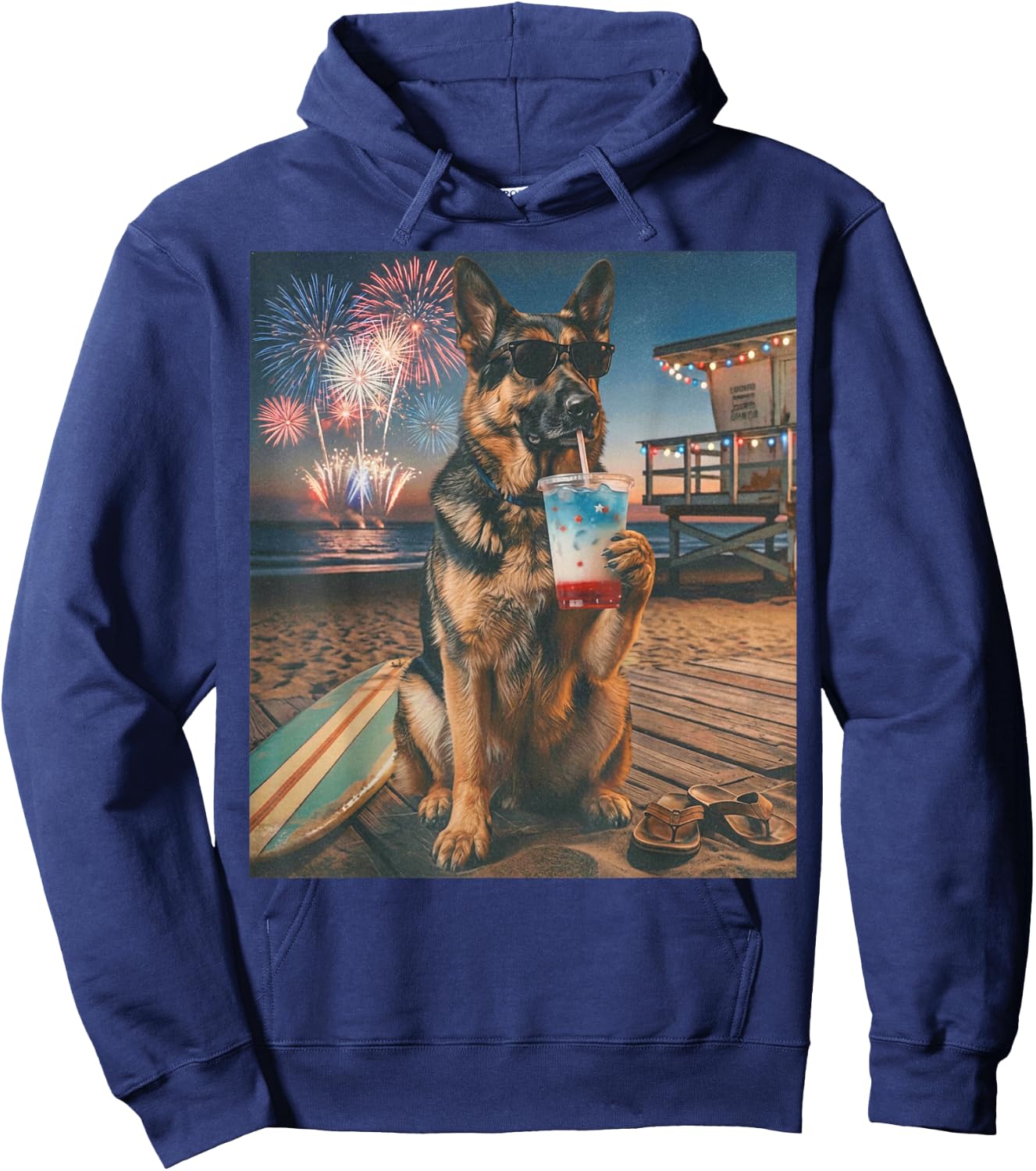 Funny German Shepherd Patriotic Beach Fireworks Dog Art Hoodie - Hoodie | Navy
