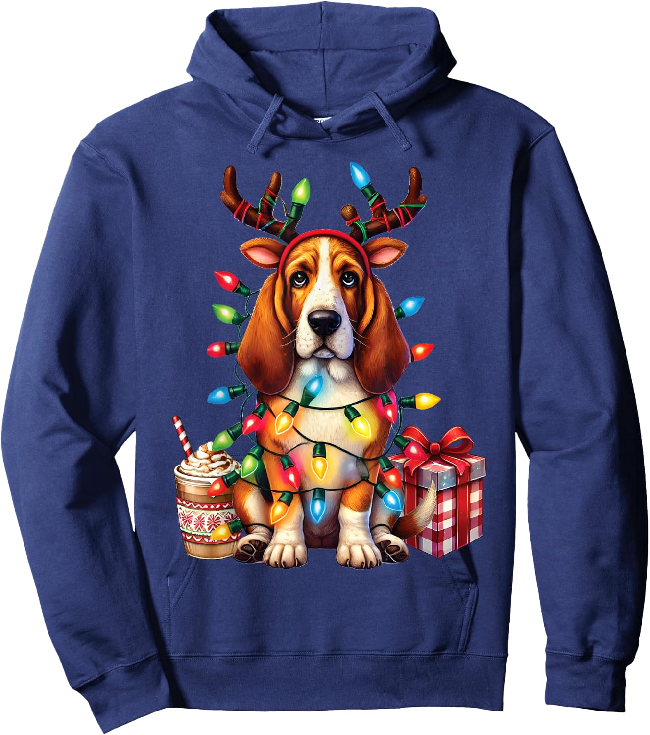 Pet Animal Basset Hound Dog Lover Reindeer Christmas Light Hoodie - Hoodie | Navy